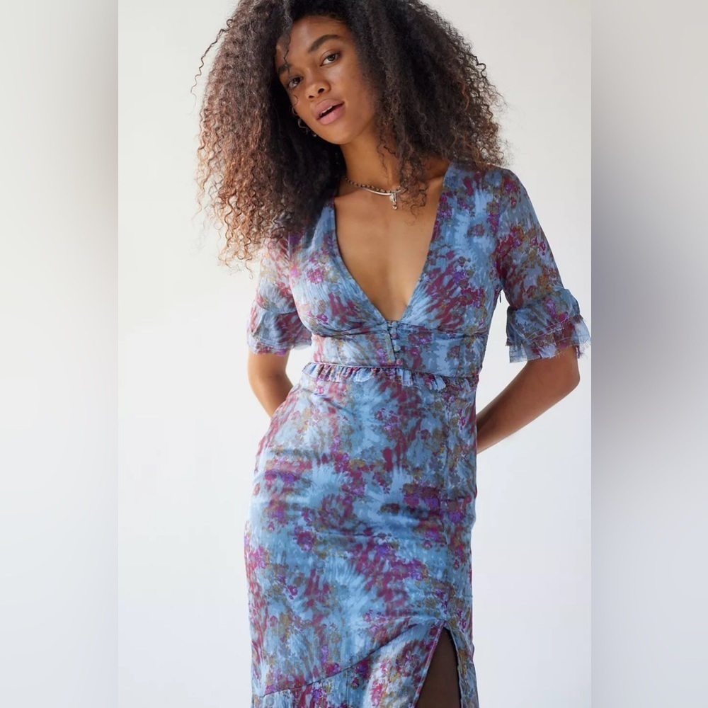 UO Florence Chiffon Printed Midi Dress, Blue, Small, NWT - Picture 5 of 8